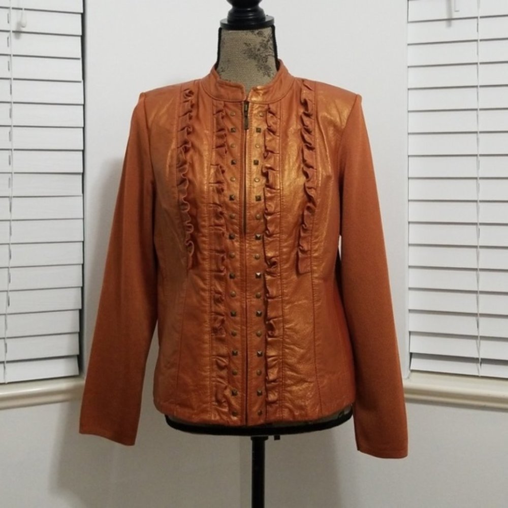 Peter Nygard leather studded and ruffles jacket